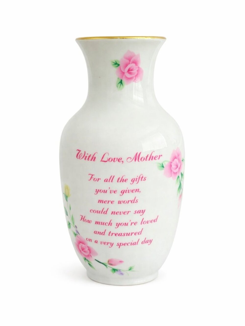 EUC Russ Berrie Fine Porcelain Mother's Vase | Pink Flowers & Gold Trim